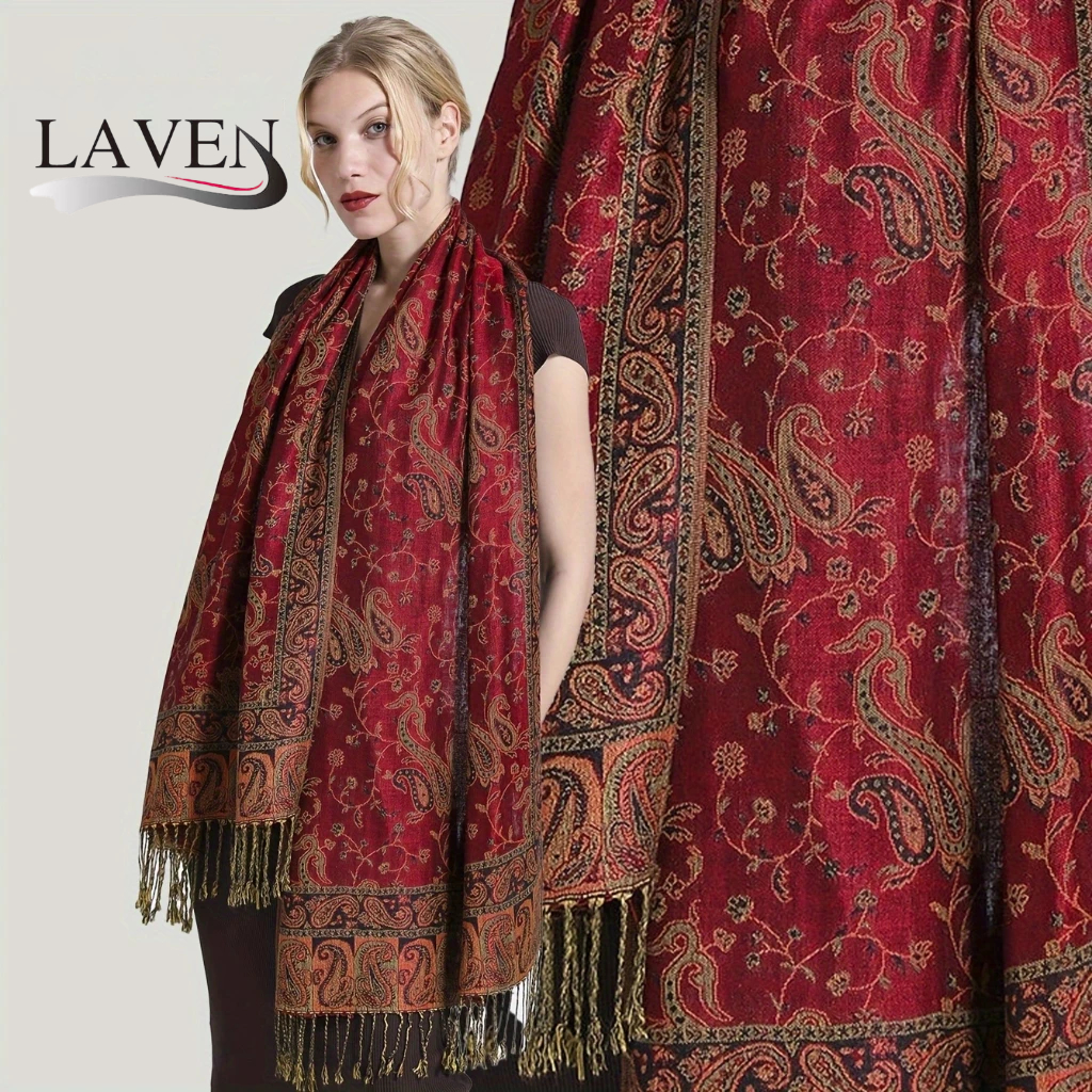 ลาเวน วินเทจเม็ดมะม่วงหิมพานต์ชาติพันธุ์ผ้าคลุมไหล่มุสลิมผ้าคลุมศีรษะ ผ้าแจ็คการ์ด พู่ผ้าคลุมไหล่ผู้หญิงสบายผ้าพันคอหนา