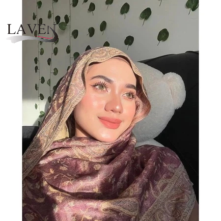 Laven ผ้าฝ้ายหนา Pashmina ผ้าคลุมไหล่ Soft Jacquard ผ้าพันคอพู่ผ้าคลุมไหล่ Headscarf ผู้หญิงมุสลิมชาติพันธุ์ผ้าคลุมไหล่