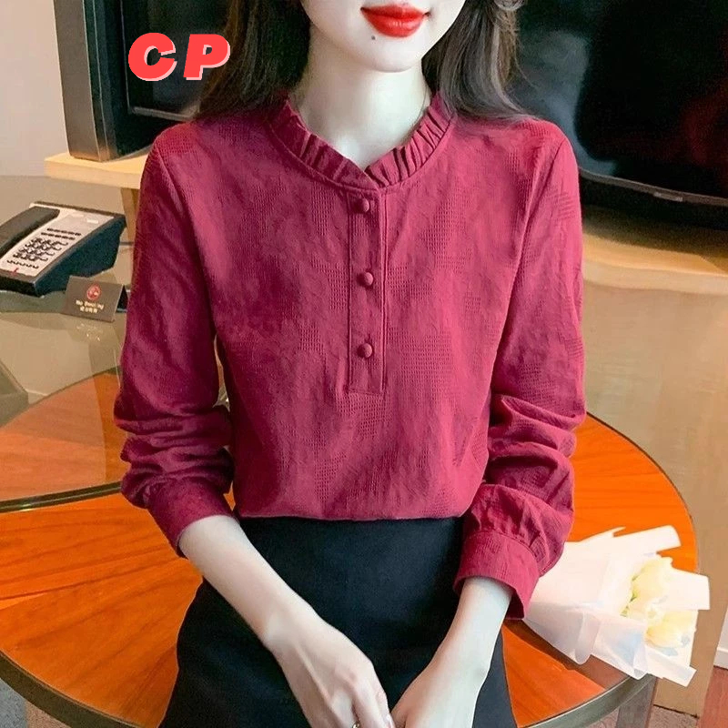 Cp Lotus Leaf Collar Jacquard ผ้าฝ้ายแท้สุภาพสตรีเสื้อฤดูใบไม้ผลิ 2025 สไตล์ใหม่ All-Match Bottoming