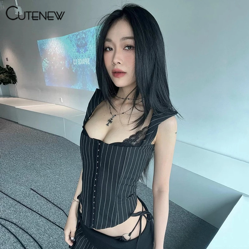 Cutenew เสื้อกั๊กเซ็กซี่ Off แขน Cleavage ผอมบุคลิกภาพ Niche Hot Chick Hot Chick แฟชั่นบรรยากาศสไตล์ร้อนใหม่