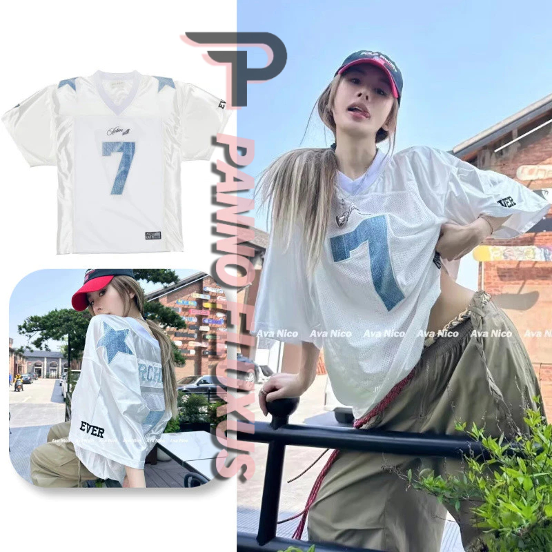 Pannofluxus เสื้อยืดผู้ชายแขนสั้น American High Street หลวมสบายๆ V คอเสื้อกีฬา