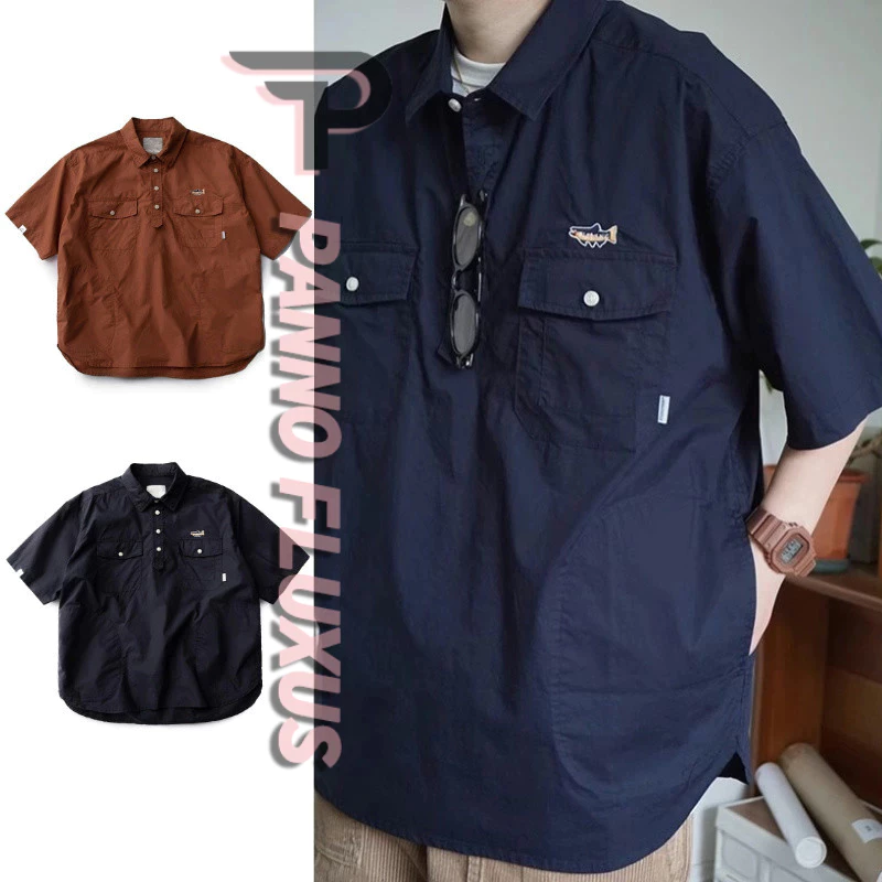 Pannofluxus เสื้อเชิ้ตผู้ชายแขนสั้นญี่ปุ่นฮาราจูกุแบรนด์อินเทรนด์ปักลายชุดทํางานเสื้อเชิ้ต