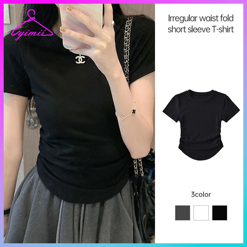 【 Yimii.th 】เสื้อยืดแขนสั้นไม่สม่ําเสมอผู้หญิงหลวมการออกแบบ Sense Top Niche จีบเอว Retraction Top Y