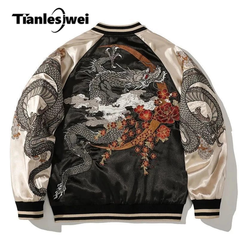 TIANLESIWEI เสื้อแจ็คเก็ตผู้ชายอินเทรนด์มังกรปักเบสบอลแจ็คเก็ตแนวโน้มแห่งชาติสีค