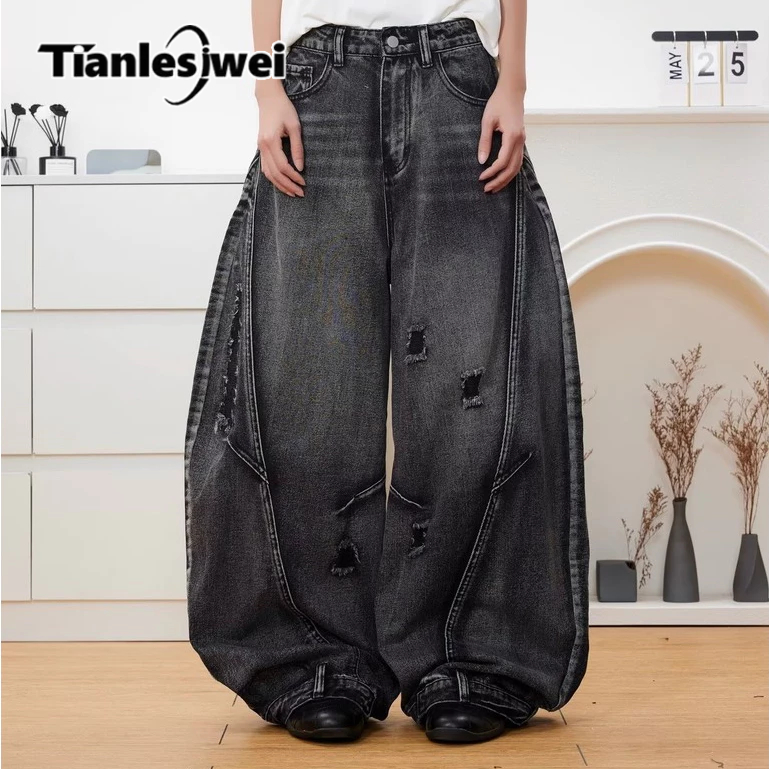 Tianlesiwei กางเกงยีนส์ผ้าเดนิมขนาดใหญ่ทันสมัยพร้อมดีไซน์เฉพาะ