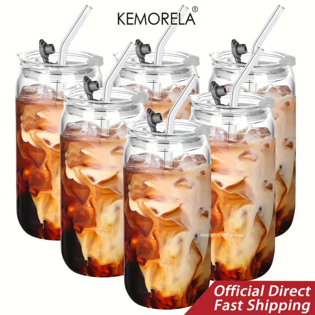 KEMORELA ถ้วยแก้ว 2/4/6 ชิ้นพร้อมฝาปิดและชุดหลอด, แก้วน้ํา, ถ้วยกาแฟเย็นพร้อมฝาปิดและฝาปิดฟาง, แก้วน้ําแก้ว 16 ออนซ์พร้อมฟางและฝา