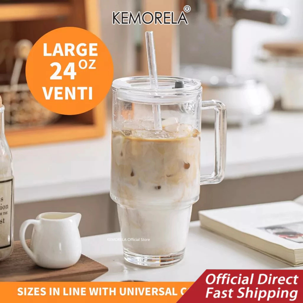 KEMORELA  1/2ชิ้น,24ออนซ์แก้วแก้วที่มีการจัดการ&ฝา-ถ้วยแก้วนํามาใช้ใหม่ด้วยฟางสําหรับกาแฟเย็น,สมูทตี้และน้ํา-ล้างดื่มแก้ว,เดินทาง ถึง-ไป เครื่องดื่ม