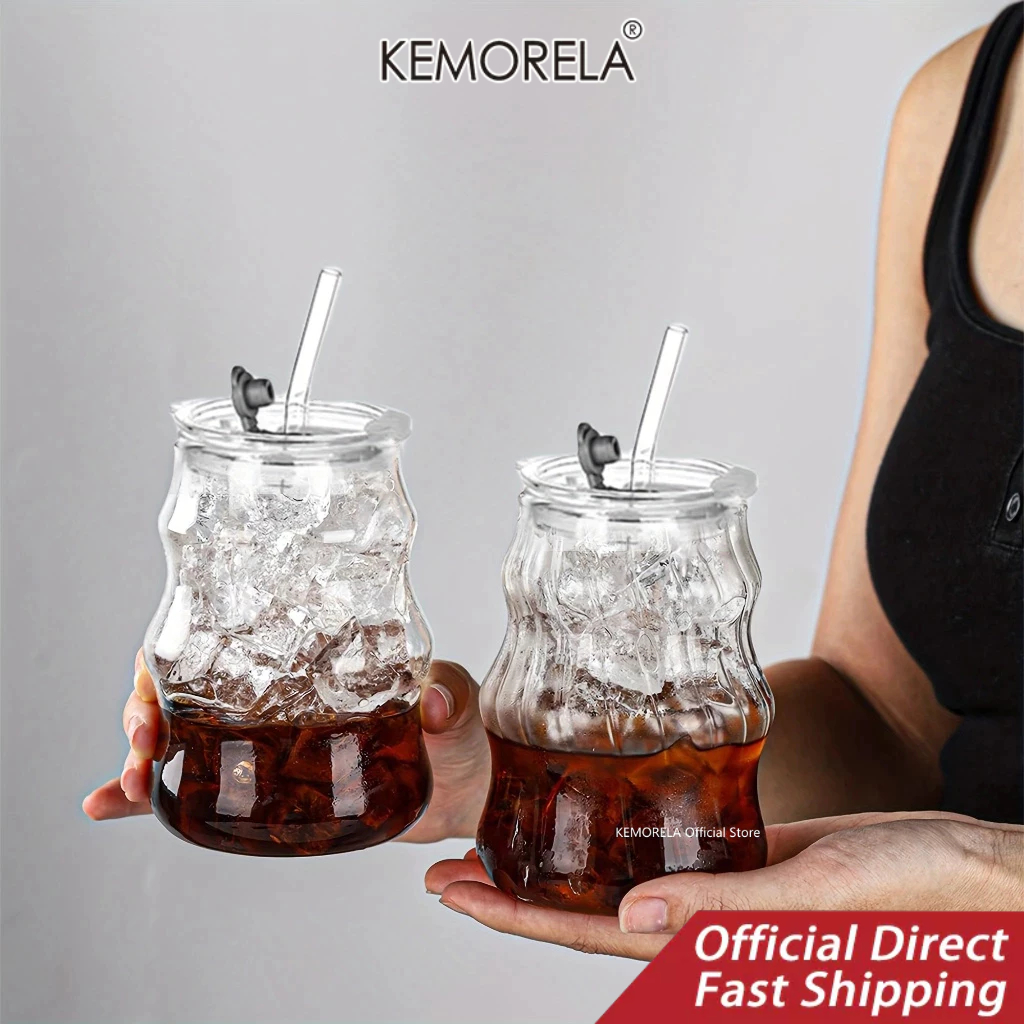 KEMORELA  แก้วน้ําพร้อมหลอดแก้ว & ฝา, ชุดเครื่องแก้ว 18ออนซ์, แก้วค็อกเทล, แก้วเครื่องดื่มฟองคลื่น, แก้วกาแฟเย็น, แก้วเบียร์, เหมาะสําหรับน้ํา, โซดา, ชา