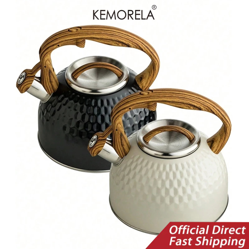 KEMORELA กาน้ําชาสแตนเลสต้มกาต้มน้ํา,ดังผิวปาก,กาต้มน้ําสแตนเลสพร้อมที่จับลายไม้สําหรับน้ําเดือดนมหรือกาแฟ, ปุ่มที่ไม่ซ้ํากันควบคุมกาต้มน้ําออกเ
