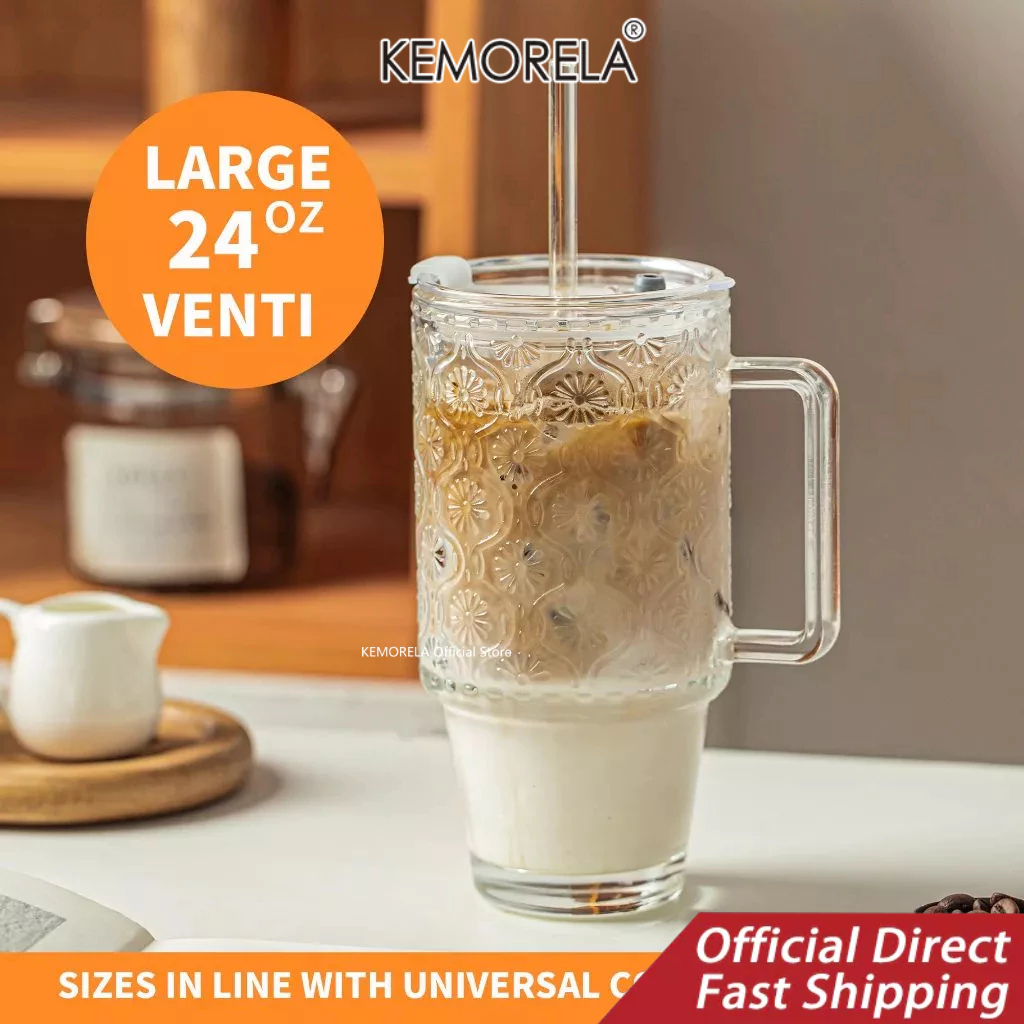 KEMORELA   1/2ชิ้น,24ออนซ์แก้วแก้วพร้อมหลอดและฝาปิด,ถ้วยกาแฟเย็นพร้อมฝาปิด,ถ้วยสมูทตี้พร้อมที่จับ,เครื่องแก้วลายบีโกเนียสําหรับเครื่องดื่มเย็น,แก้วนํากลับมาใช้ใหม่สําหรับดื