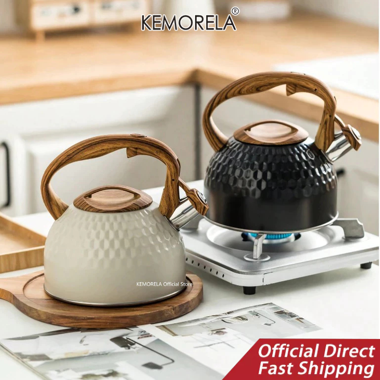 KEMORELA  กาต้มน้ําชาผิวปาก 2.5L - กาน้ําชาสแตนเลสที่จับชาพร้อมที่จับตามหลักสรีรศาสตร์, กาน้ําชาสแตนเลสนกหวีดดัง - เปิดและปิดแบบสัมผัสเดียว, ทนทานสําหรับกาแฟ, ชา, นม Bre
