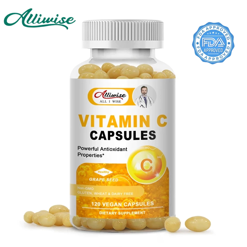 Alliwise วิตามินซี แคปซูล 500 มก. สารสกัดจากเมล็ดองุ่น สารต้านอนุมูลอิสระ ส่งเสริมสุขภาพผิว และการผลิตคอลลาเจน