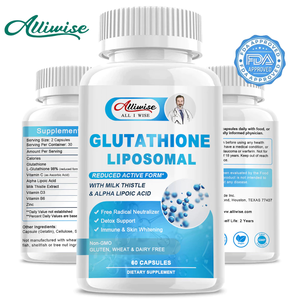 Alliwise liposomal กลูตาไธโอนผสมนม แคปซูลผิวขาว กระจ่างใส ต่อต้านริ้วรอย ต่อต้านออกซิเดชั่น เสริมสุขภาพ