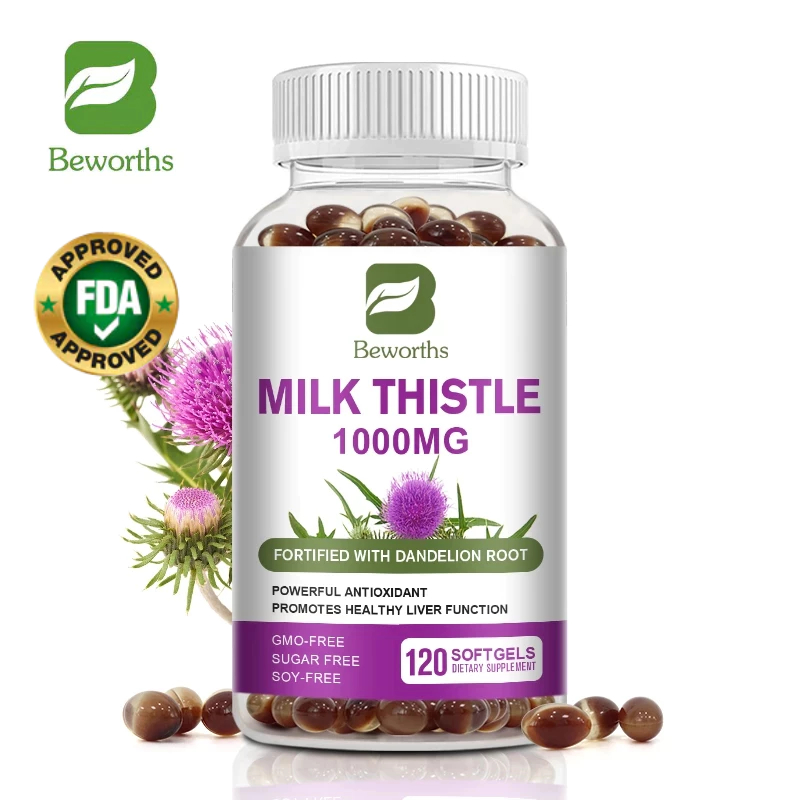 Beworths Milk Thistle แคปซูล 1000 มก. ซิลีมาริน มาริอานัม และรากแดนดิไลออน ช่วยปกป้องสุขภาพตับ หัวใจ หลอดเลือด กลูต้า ช่วยดีท็อกซ์สารต้านอนุมูลอิสระ