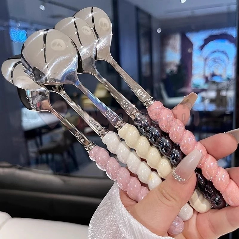 🌷COD🌷ช้อน เกาหลี ยาว Spoons pearl Handle ช้อนสําหรับขนมหวานชากาแฟสแตนเลสช้อนกวนช้อนขนมหวานบาร์อุปกรณ์ครัว Gadgets