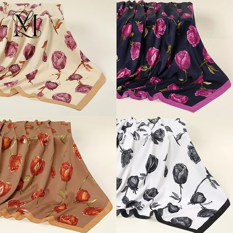 Lovosme 90*90 ซม.Rose Twill ผ้าไหมผ้าพันคอ Bawal พิมพ์ Hijab Bandana ผู้หญิงผมกระเป๋าตกแต่งผ้าพันคอคอ