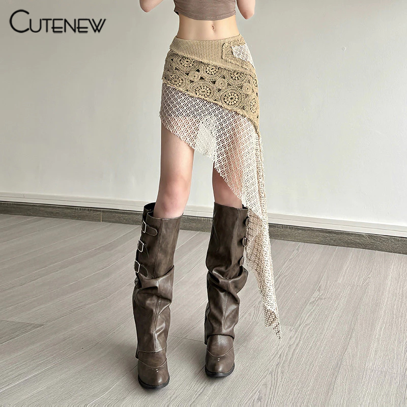 Cutenew Panelled กระโปรงถัก Low-Waisted Patchwork ไม่สม่ําเสมอ Hip-Covering ฤดูร้อนผู้หญิงผอมแฟชั่นลําลองหวานสไตล์อเนกประสงค์