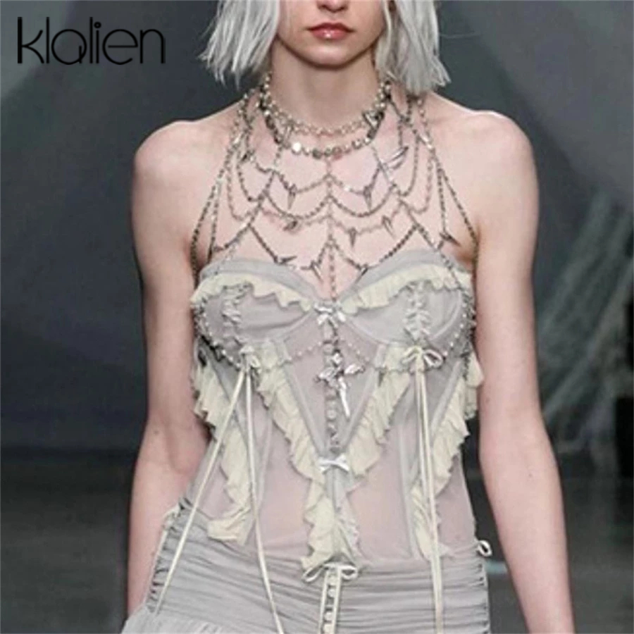 Klalien แฟชั่นเซ็กซี่ตาข่าย Strapless Tube Tops camisole + เอวสูงไม่สม่ําเสมอ Slim Mini A-line กระโปรงชุดผู้หญิง