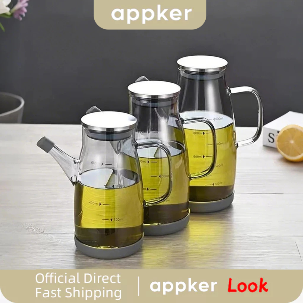 ขวดน้ํามันแก้ว 600/800/1000ml มีสเกล ฝาปิดสแตนเลส กันรั่ว กันลื่น สําหรับซอสถั่วเหลือง บาร์บีคิว ครัว