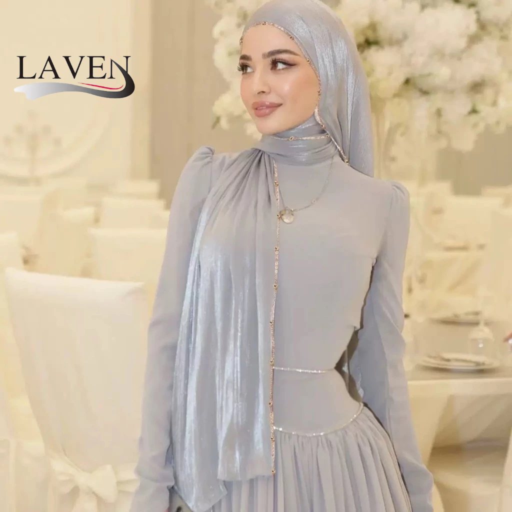 LAVEN ลูกปัดชีฟองผ้าคลุมไหล่โซ่ชิมเมอร์ผ้าไหมผ้าคลุมไหล่หรูหราผ้าพันคอแฟชั่นมุสลิมฮิญาบผู้หญิงที่คาดผมผ้าคลุมหน้า
