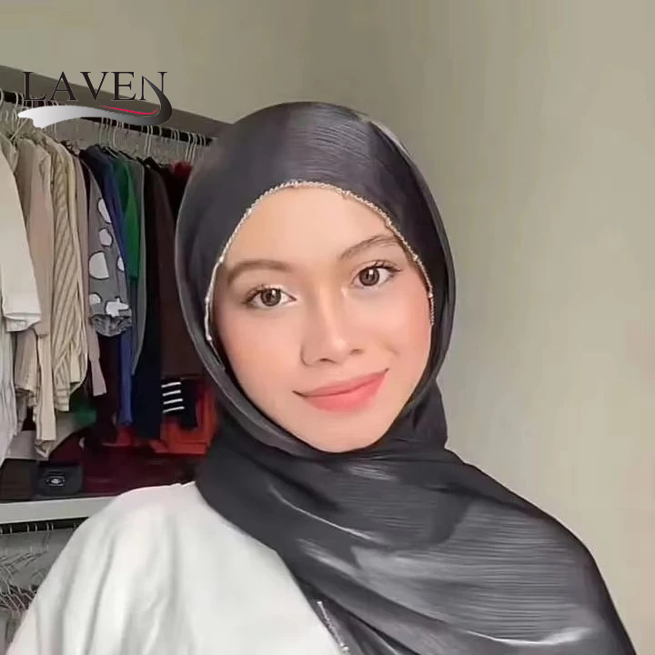 LAVEN ธรรมดาลูกปัดผ้าคลุมไหล่ Shimmer Pashmina Shimmer Luxury Shiny Hijab ผ้าพันคอผ้าไหม Tille มุสลิม Headscarf ลูกปัดผ้าคลุมไหล่