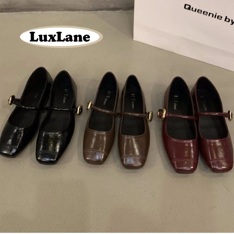(พร้อมกล่อง) รองเท้า Mary Jane สีดำจาก LuxLane สำหรับผู้หญิง รองเท้าส้นแบนทรงสี่เหลี่ยม หัวรองเท้าแบบเรียบหรู รองเท้าหนังนิ่ม สวมใส่สบาย
