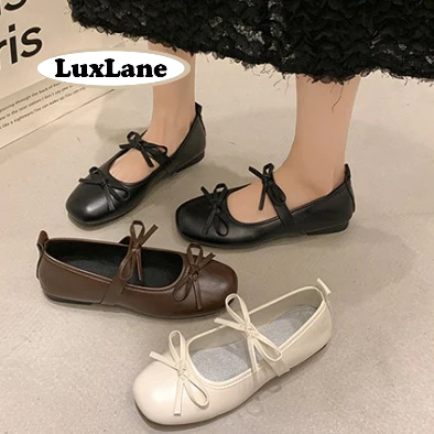 LuxLane รองเท้าแมรี่เจนมีสไตล์ รองเท้าหนังส้นแบนของผู้หญิง ตกแต่งโบว์ สไตล์ย้อนยุคฝรั่งเศส ขนาด 35-41
