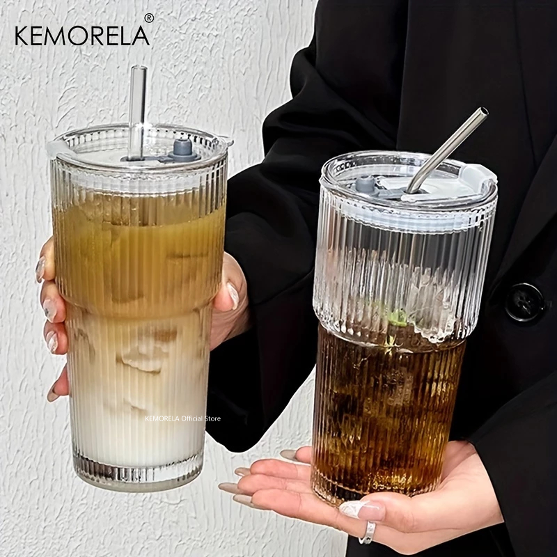 KEMORELA  อิน 1/2ชิ้นถ้วยแก้วลายแนวตั้งที่มีฝาปิดและฟาง-เหมาะสําหรับกาแฟเย็นน้ําผลไม้ชานม-เหมาะสําหรับถ้วยน้ํากลางแจ้งถ้วยน้ําโรงเรียน