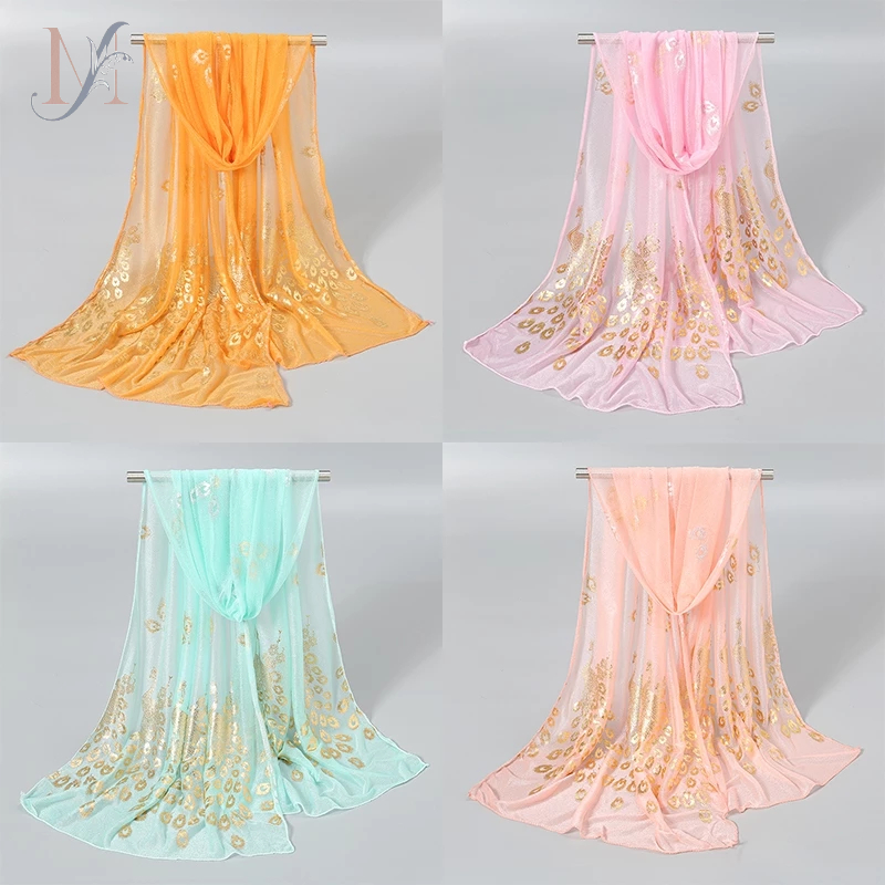 LMLAVEN สีทึบนกยูงพิมพ์ผ้าพันคอแฟชั่น Gilding Phoenix Feather Comfort ผ้าคลุมไหล่ผ้าพันคอ Travel Bea