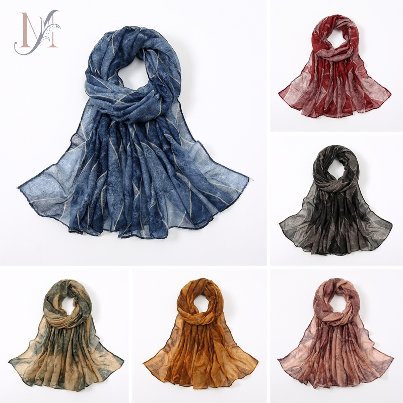 LMLAVEN แฟชั่น Tudung พิมพ์ Hijab Cotton Voile Hijab ผ้าพันคอผ้าคลุมไหล่ Gradient ลาย้เหนียวผ้าพันคอมุสลิม Hijab Headscarf