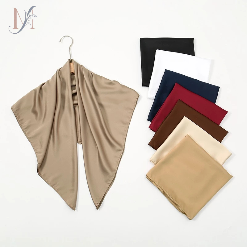 LMLAVEN ซาตินธรรมดาผ้าไหมผ้าพันคอ Badana มุสลิม Hijab Bawal Kerchief ผ้าไหมรู้สึกคอผ้าพันคอผ้าคลุมไห