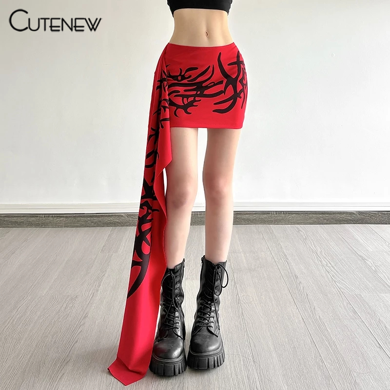 Cutenew พิมพ์กระโปรงเอวสูงไม่สม่ําเสมอ Patchwork Hip-Covering Cool ฤดูร้อนผู้หญิงแฟชั่นลําลองเซ็กซี่สไตล์อเนกประสงค์สาวเผ็ด ราคา ถูกที่สุด ดีลบีเคเค