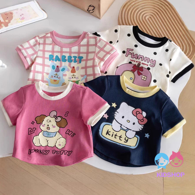 เสื้อยืดแขนสั้นเด็กผู้หญิงฤดูร้อนสไตล์ใหม่/Polka Dot ลายสก๊อตเย็บสีตัดกันด้านบน
