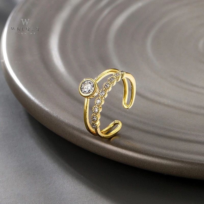 WKLQLQ แหวนเปิดสองชั้นผู้หญิง สีทอง | ประดับเพชรเรียงแถว | ปรับขนาดได้ สไตล์แฟชั่นแมทช์ง่าย