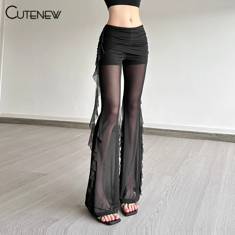 Cutenew Skinny Solid ยาวกางเกงเอวสูงไม่สม่ําเสมอ Patchwork Ruffles ริบบิ้น Ruched ดูผ่านผู้หญิงสบายๆแฟชั่นเซ็กซี่สไตล์อเนกประสงค์