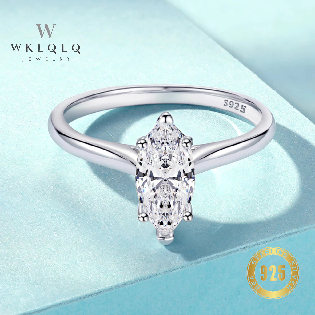 WKLQLQ แหวนเพชรCZ เงินแท้ 925 แหวนผู้หญิง ชุบทอง ทรงมาร์คีส์ สไตล์เรียบหรู ของขวัญสุดพิเศษ