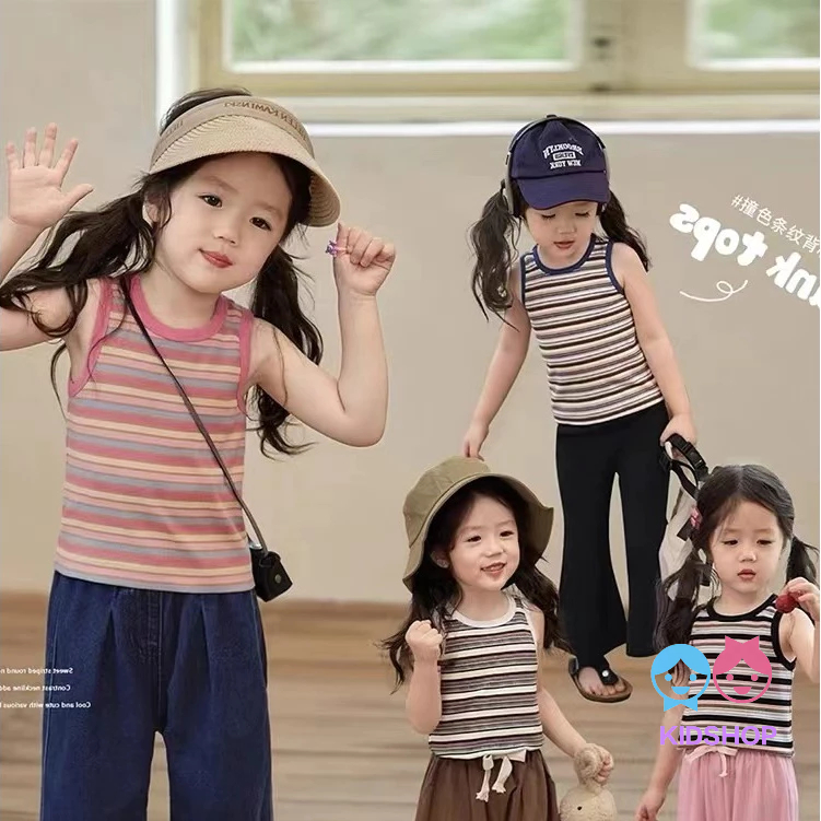 เสื้อยืดแขนกุดสาวเกาหลี/ฤดูร้อนสไตล์ใหม่ผ้าฝ้ายแท้ลายเสื้อกั๊ก
