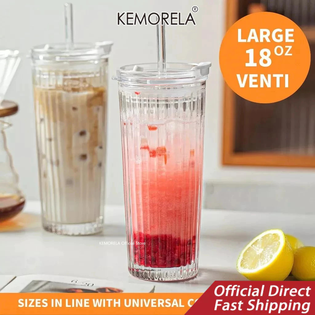 KEMORELA 2ชิ้น,แก้วริบเบดพร้อมหลอดและฝาปิด – ถ้วยน้ําดื่มกันรั่วที่ทนทาน 18ออนซ์ สําหรับเครื่องดื่มร้อนและเย็น – ดีไซน์มีสไตล์สําหรับกาแฟเย็น, สมูทตี้, และอื่นๆ