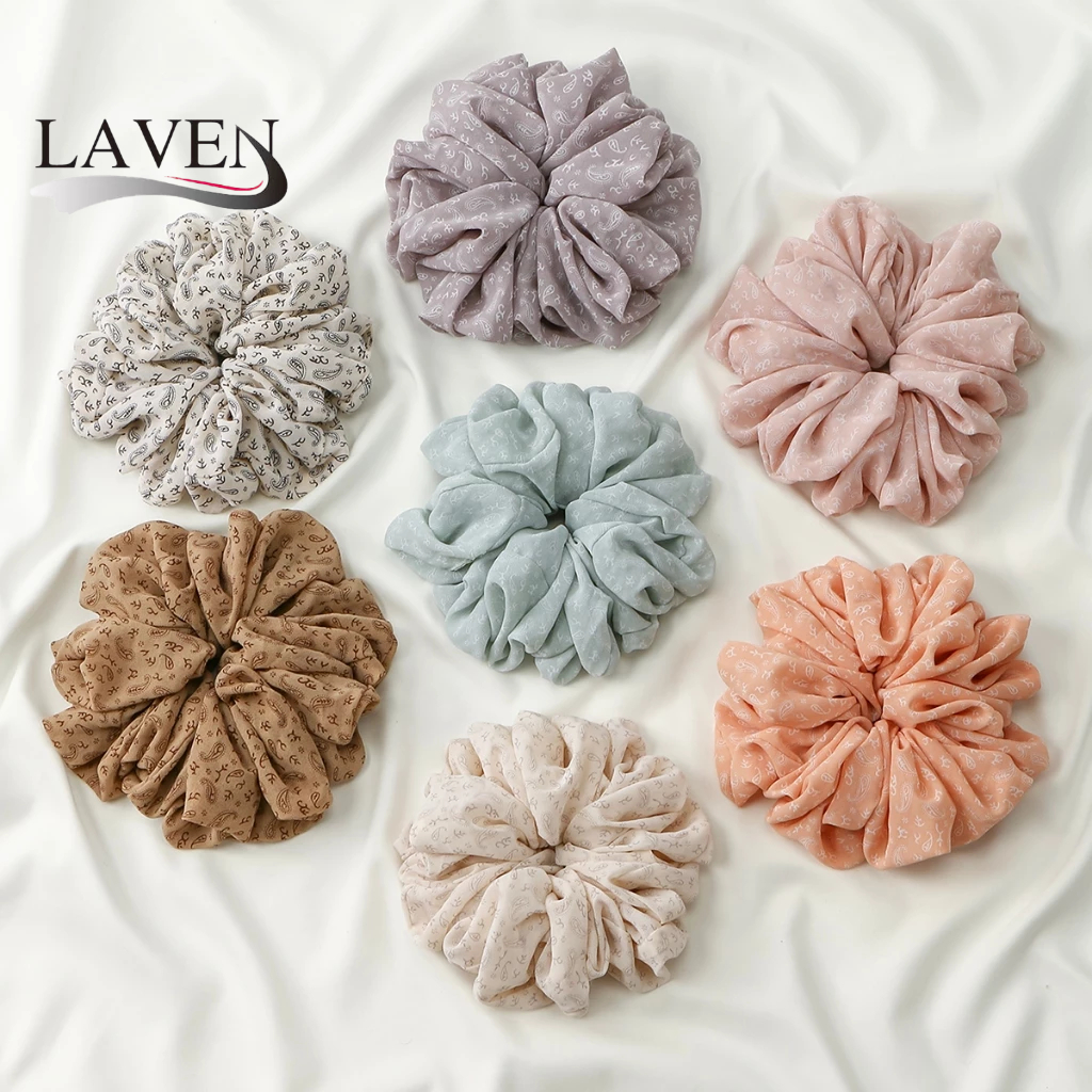 LAVEN Cashew พิมพ์ชีฟองผม Tie ยางรัดผม Tie เครื่องประดับผม Scrunchie OversizeSatin ผ้าไหม Hijab