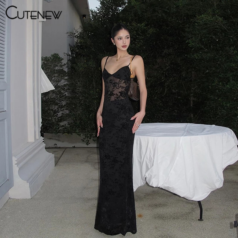 Cutenew ลูกไม้แข็ง Maxi ชุดสลิง Cleavage ปิดไหล่ Patchwork Backless Hip-Covering ดูผ่านผู้หญิงสบายๆแฟชั่นเซ็กซี่สไตล์อเมริกัน