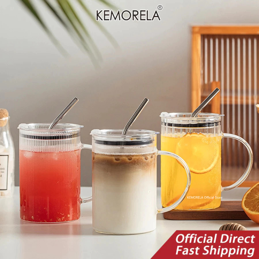KEMORELA ถ้วยแก้วใสถ้วยแก้วขนาดใหญ่พร้อมฝาและหูจับ1000มลถ้วยดื่มพร้อมฝาปิดและหลอดแก้วดื่มใช้ในครัวเรือนสําหรับใช้ในบ้านสํานักงานถ้วยแก้วทนความ