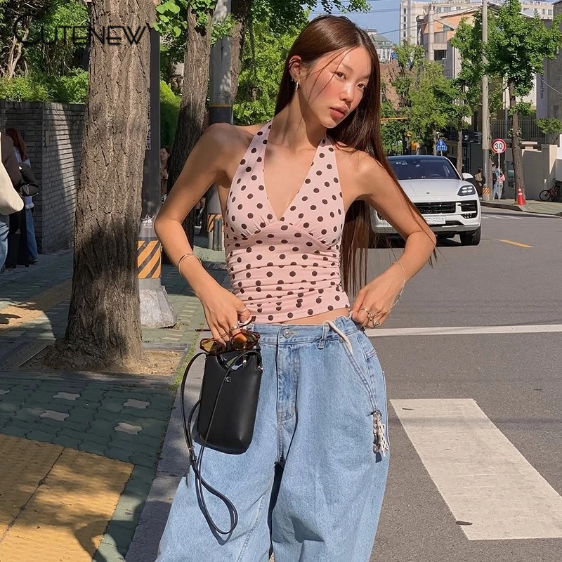 Cutenew Skinny Halter Wave Point เสื้อกั๊กลึก V ปิดไหล่ Patchwork Ruched Backless ผู้หญิงสบายๆแฟชั่นเซ็กซี่สไตล์อเนกประสงค์