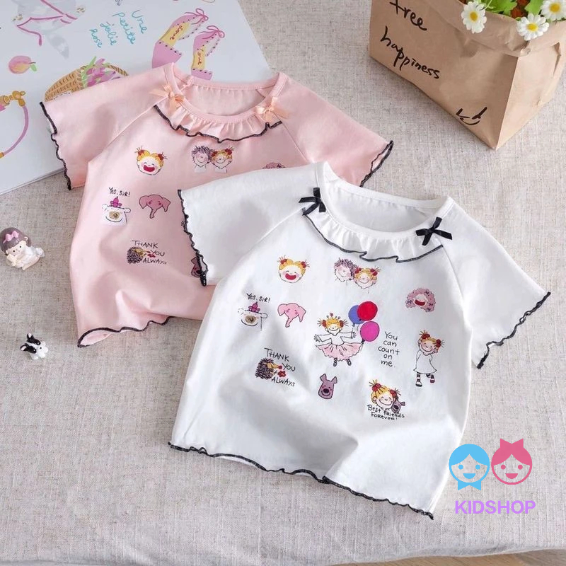 เสื้อยืดแขนสั้นผ้าฝ้าย 100% ของเด็กผู้หญิง/ฤดูร้อนรูปแบบใหม่คอกลมพิมพ์ด้านบน