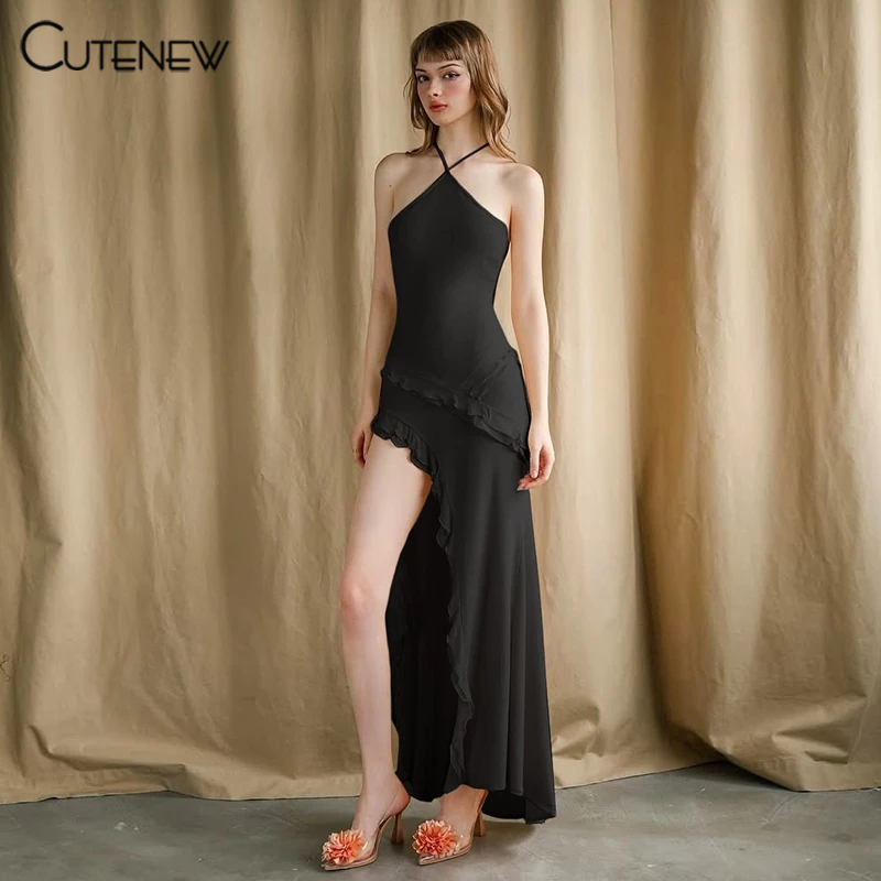 Cutenew Halter Solid Maxi Dresses Off Shoulders Ruffles Patchwork Backlessดูผ่านสะโพก-Covering ด้านข้าง Slit ผู้หญิงแฟชั่นลําลองเซ็กซี่สไตล์อเมริกัน