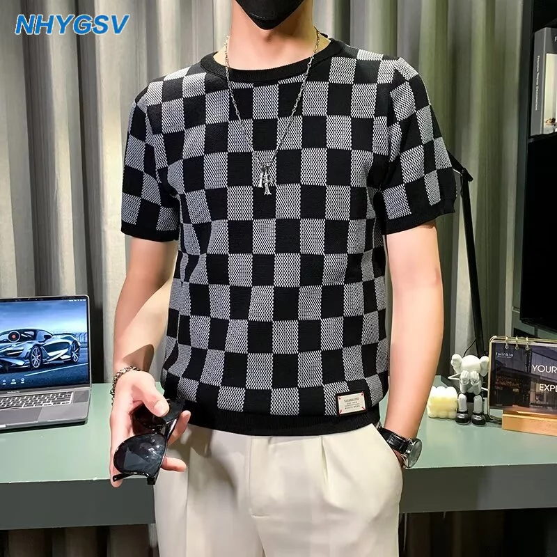 NHYGSV knitted t shirt™ เสื้อยืดระงับกลิ่นกาย ผ้าเย็นสบาย กากี（เเสื้อยืดลายสก็อต）ไม่เป็นทางการ  B87
