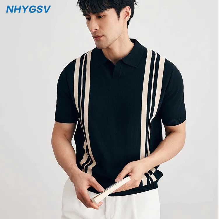 NHYGSV Cool knitted polo™ เสื้อโปโลเย็น ผ้าถักระบายอากาศ สีฟ้า สีขาว สีดํา  (เสื้อโปโลลายทาง) [B384]