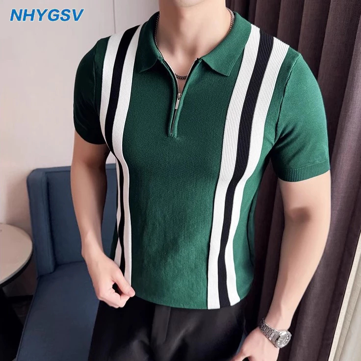 NHYGSV Cool knitted polo™ เสื้อโปโลซิปครึ่งตัวสุดเท่ ผ้าถักระบายอากาศ สีเขียว(เสื้อโปโลลายทาง) B385