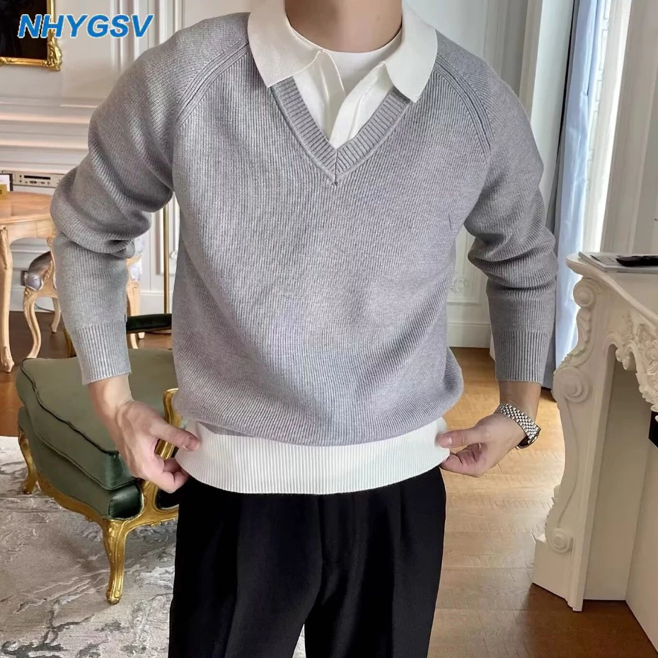 NHYGSV knit sweater™ สเวตเตอร์ชาย ผ้าถักยืดหยุ่น แขนยาวสีตัดกัน ขนาด M-XXXL สีเทา สีดํา [B127]