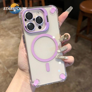 เคสฝาพับแม่เหล็กพรีเมียมพร้อมขาตั้งโลหะ เคสใสกันกระแทกสี่มุมพร้อมวงแหวนกล้องสำหรับ iPhone 12 13 14 15 16 Pro Max Plus 16E