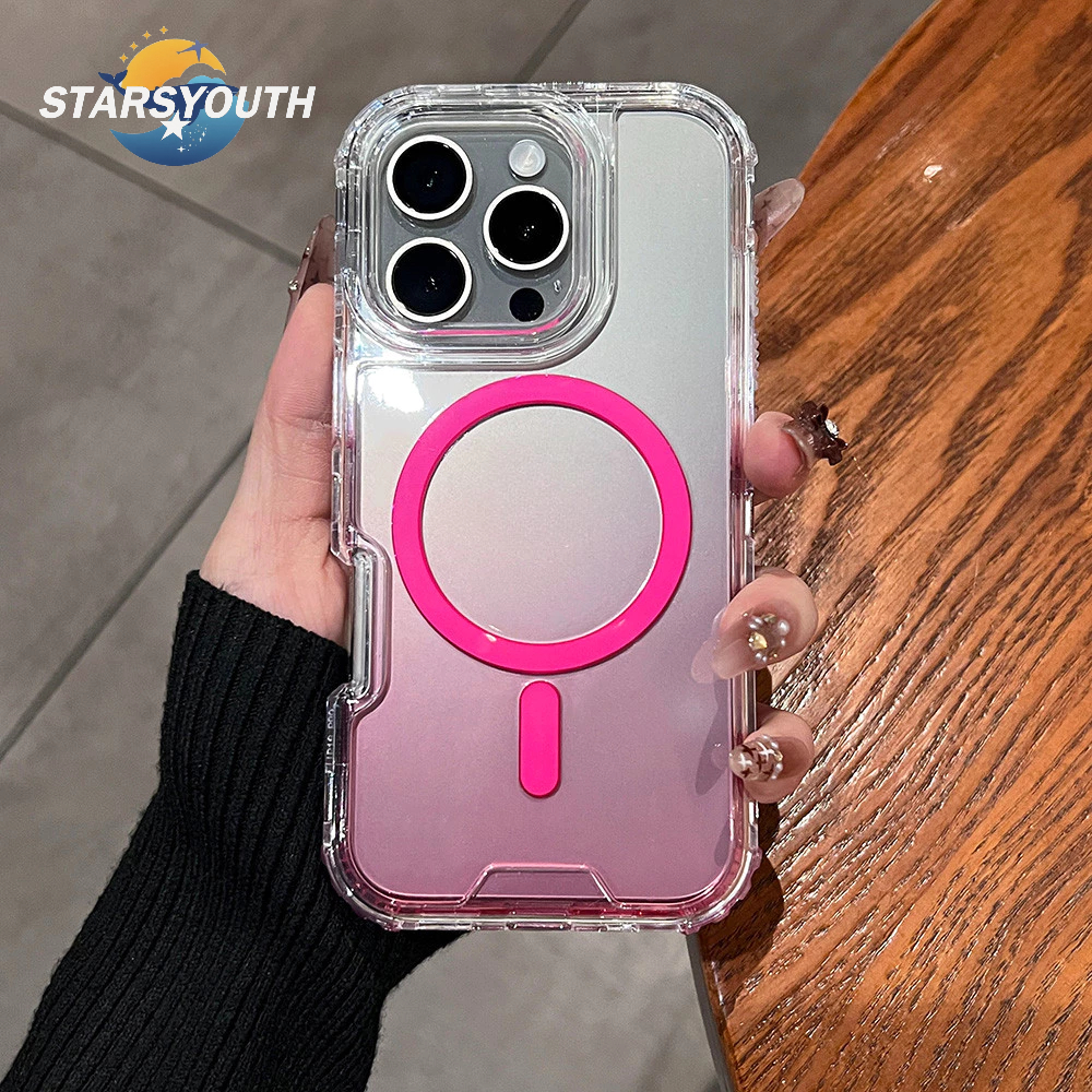 เคสโทรศัพท์กันกระแทกแม่เหล็กใสไล่เฉดสีสุดหรู 3-in-1 สำหรับ iPhone 11 12 13 14 15 16 Pro Max Plus เคสแข็งคลุมเต็มจอพร้อมถุงลมนิรภัย